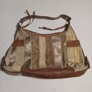 Fossil Women's Suede Striped Patchwork Hobo Shoulder Bag Purse Brown Tan